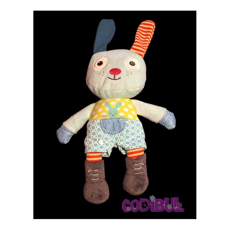 POMMETTE Doudou semi plat lapin bleu vert pois