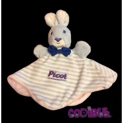 PICOT doudou plat lapin bleu rayé rose