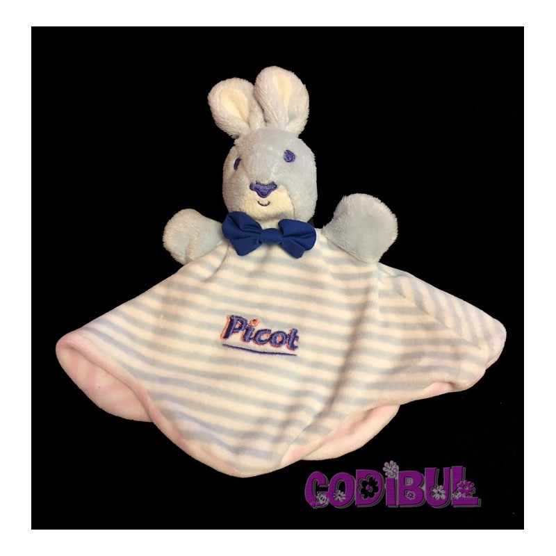 PICOT doudou plat lapin bleu rayé rose