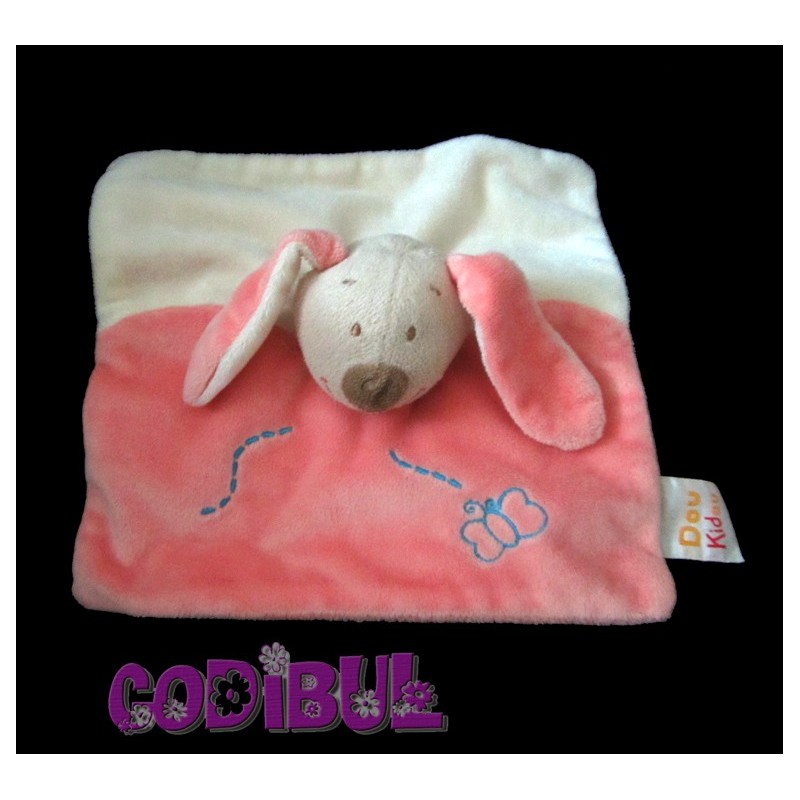 DOUKIDOU doudou plat lapin chien beige rose papillon brodé