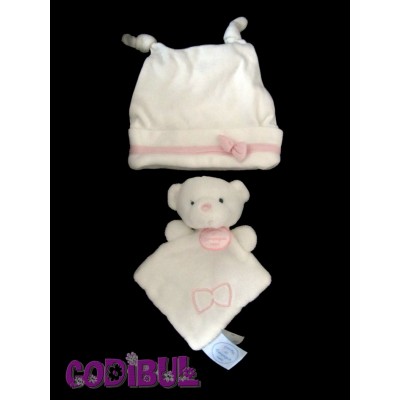 DOUDOU ET COMPAGNIE Doudou ours blanc rose + bonnet