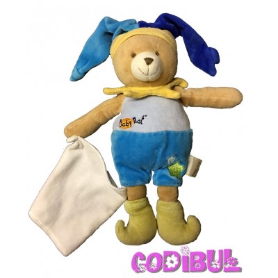 BABY NAT' Doudou ours arlequin bleu avec mouchoir