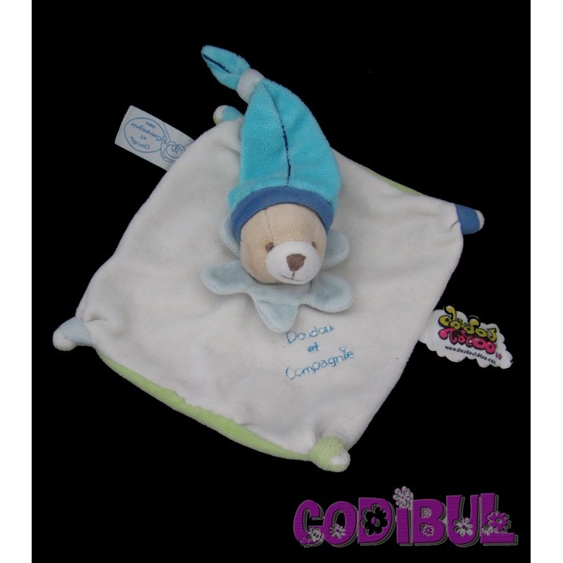 DOUDOU ET COMPAGNIE Doudou plat ours blanc bleu vert tatoo