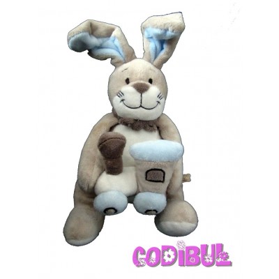 NOUKIE'S doudou musical lapin beige bleu train collection OSCAR ET LEON