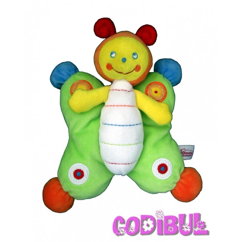 POMMETTE doudou semi plat papillon vert orange