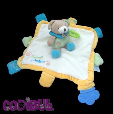 Doudou plat Girafe bleu jaune vert avec anneau dentition JOLLYBABY