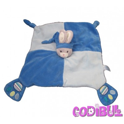 GIPSY doudou plat lapin bleu gris pattes empreintes