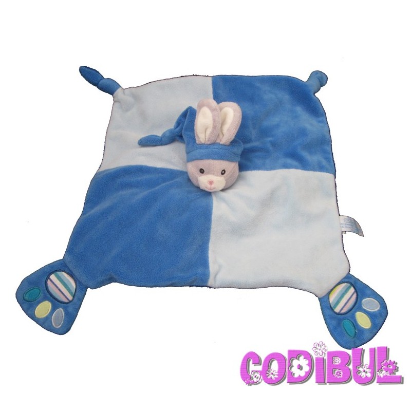 GIPSY doudou plat lapin bleu gris pattes empreintes