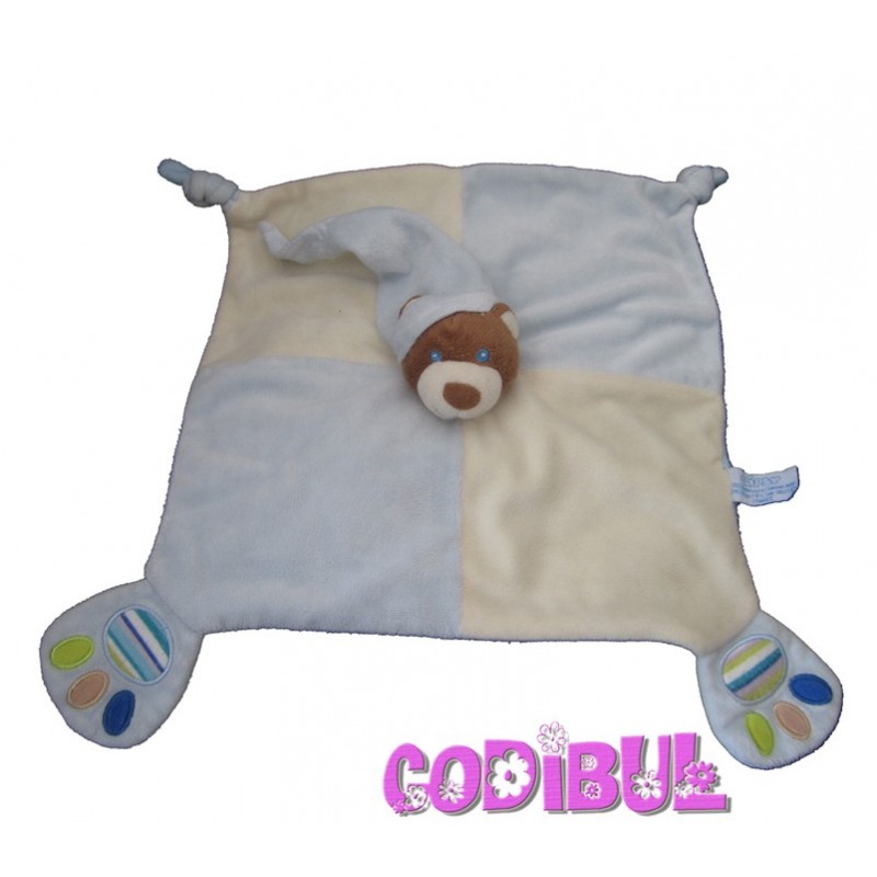 GIPSY doudou plat ours bleu beige pattes empreintes