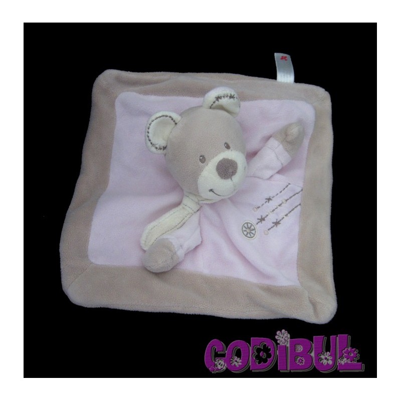 NICOTOY doudou plat ours rose et beige croix