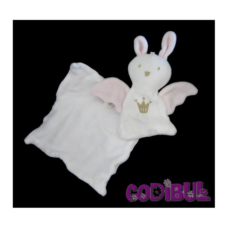 BERLINGOT doudou plat lapin blanc rose mouchoir couronne