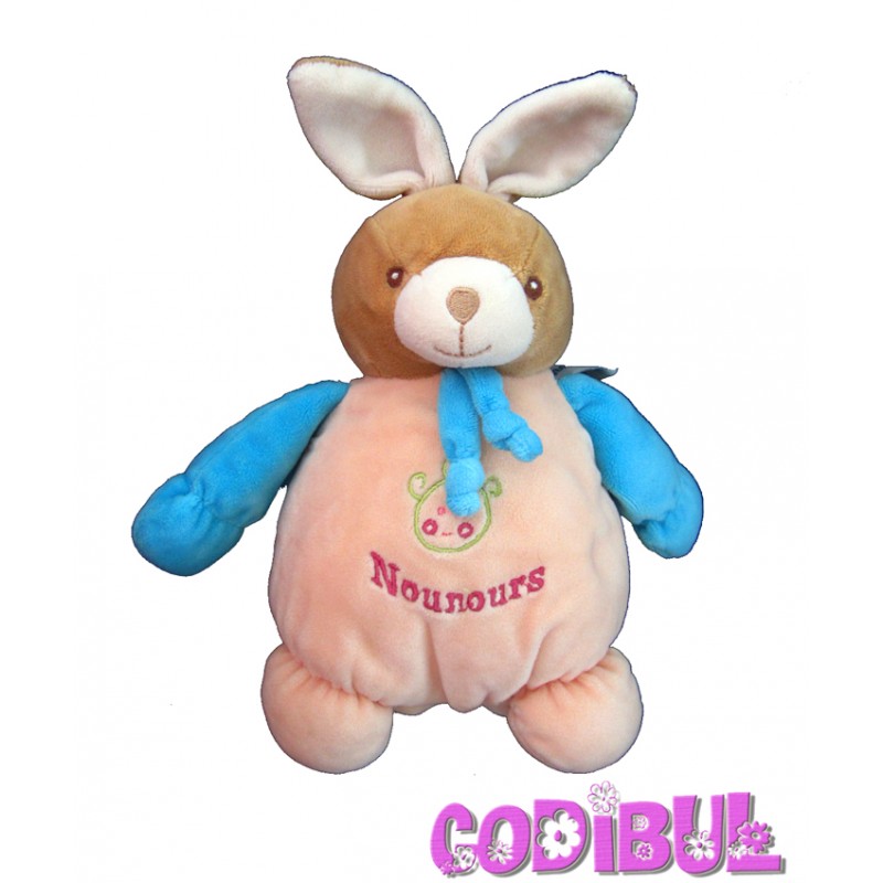 Nounours Doudou Lapin Beige Bleu