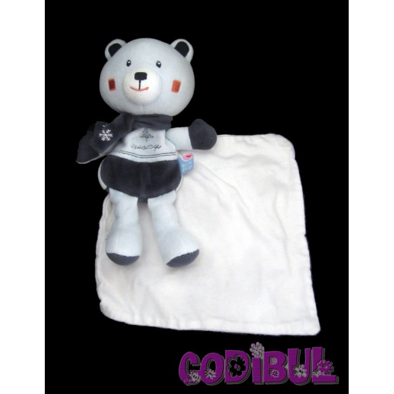 SUCRE D'ORGE Doudou cajou ours bleu mouchoir flocon neige