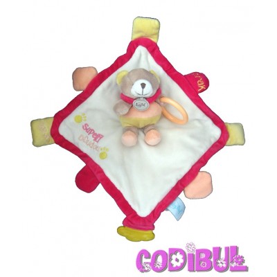 BABY NAT' Doudou plat ours assis sur carré blanc rose super doudou