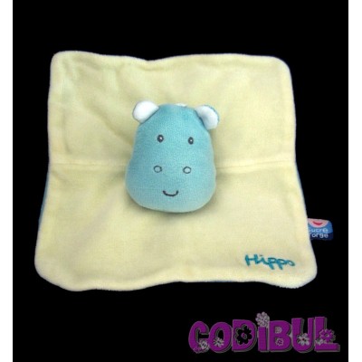 SUCRE D'ORGE doudou plat hippopotame jaune bleu