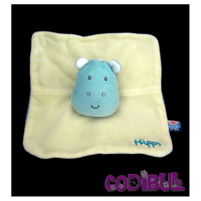 SUCRE D'ORGE doudou plat hippopotame jaune bleu