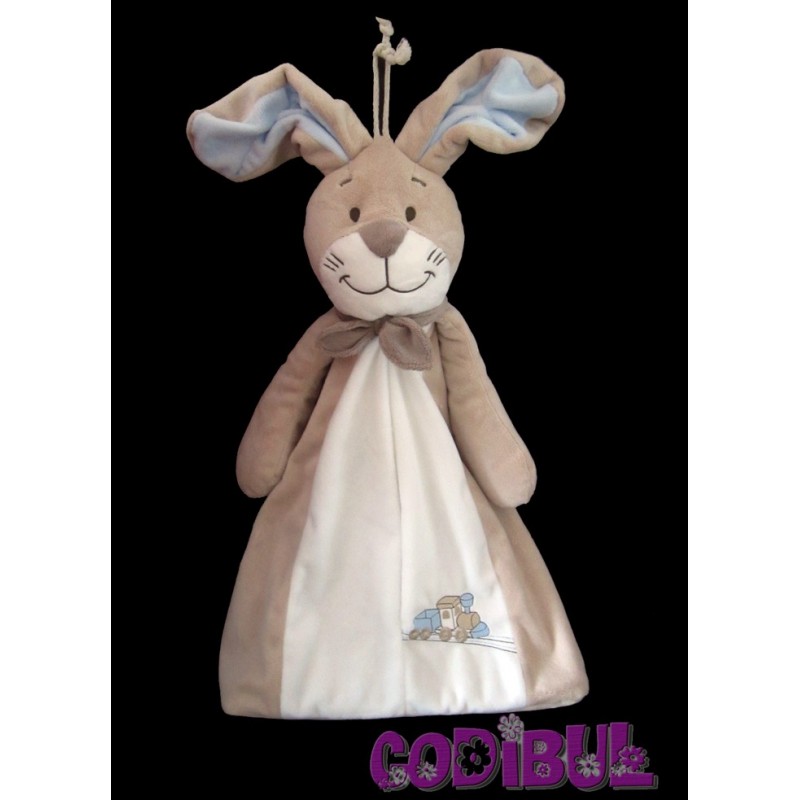 NOUKIE'S doudou lapin beige bleu train collection OSCAR ET LEON