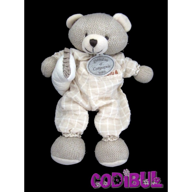 DOUDOU ET COMPAGNIE OURS CORPS PLAT BLANC COL BLEU BONNET