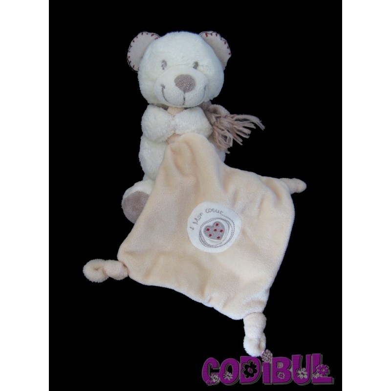 POMMETTE Doudou ours blanc beige mouchoir mon coeur