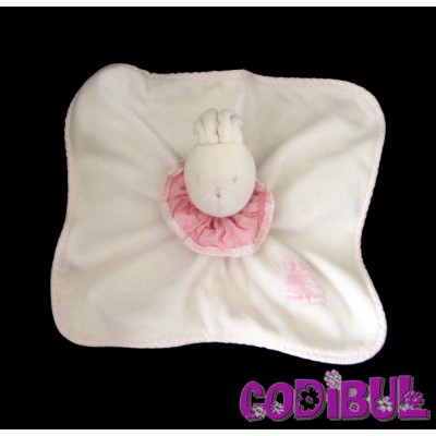 MOULIN ROTY Doudou plat lapin blanc col rose