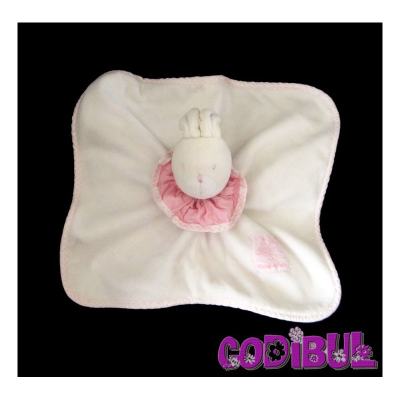 MOULIN ROTY Doudou plat lapin blanc col rose