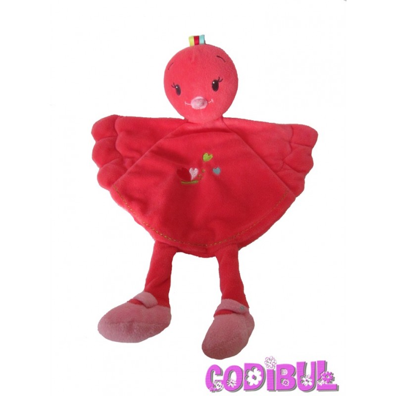 NICOTOY Doudou plat oiseau rose rouge papillon brodé