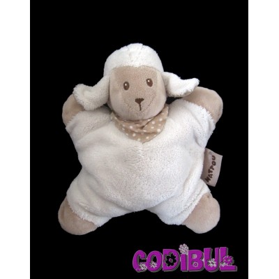 NATTOU doudou semi plat mouton blanc beige hochet