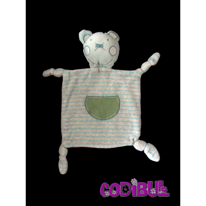 DE GROOTE doudou plat ours turquoise vert rayé