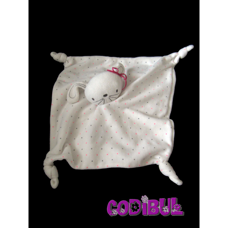 Doudou Plat Orchestra Lapin Blanc Pois Rose Gris Noeud Premaman