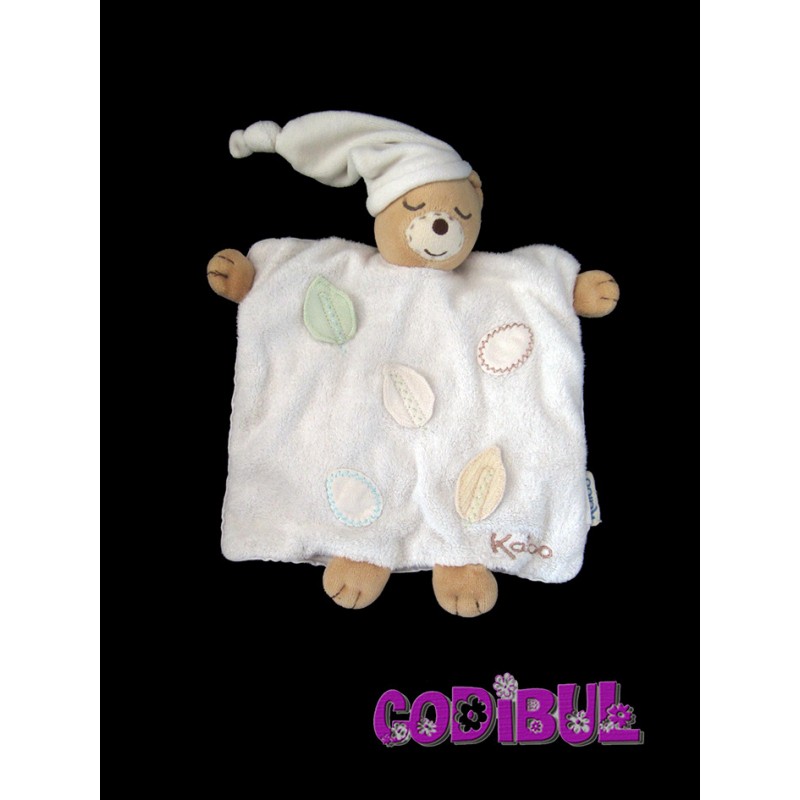 Doudou plat Ours bonnet beige blanc vert fleurs liberty KALOO