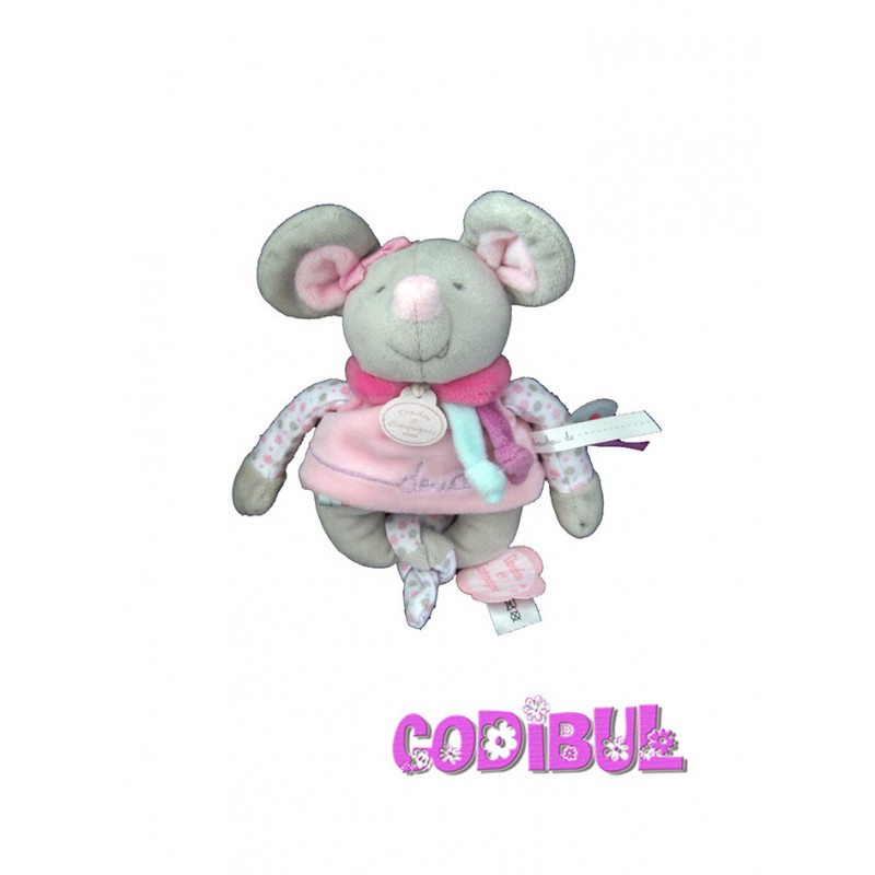 Doudou et compagnie souris pearly gris rose hochet